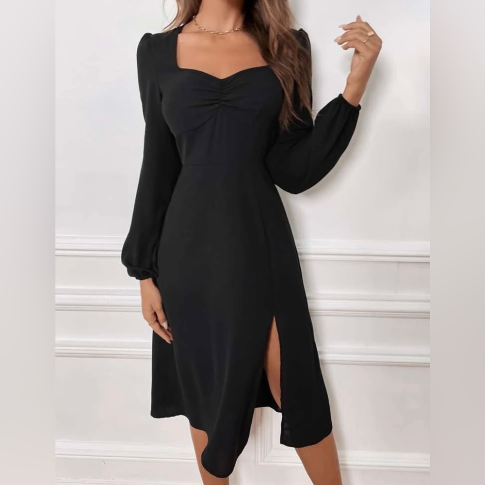 Shein Ruched Front Sweetheart Neck Split Thigh Dress Long Sleeve